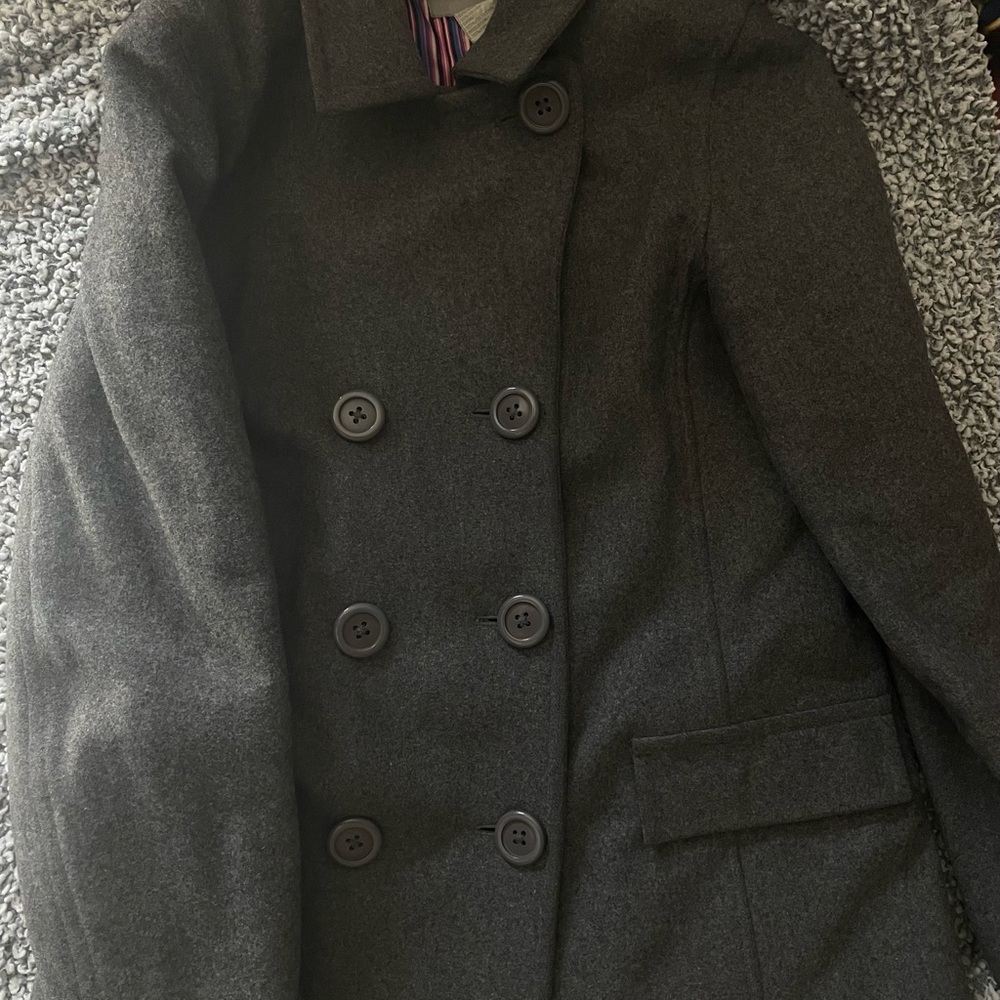 Original vintage Delia’s medium pea coat in gray w/ stripped multi color lining